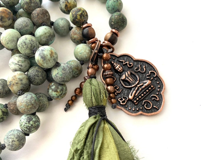 Mala For Grounding - Buddha Charm - Removable Tassel Mala Necklace - Sari Silk Tassel - 108 Beads - Hand Knotted - Unique Mala Beads
