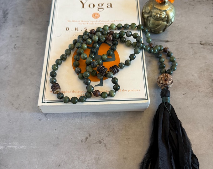 Green Jade Mala Necklace - 108 Mala Beads - Sari Silk Tassel - Earthy Mala Beads - Mala For Grounded Clarity, Hand Knotted - Earth Goddess