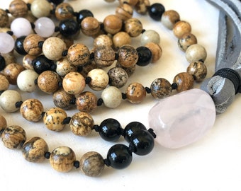 Mala For Motherhood - 108 Bead Mala Necklace - Picture Jasper - Black Onyx - Rose Quartz - Mala To Build Confidence -  Give For Her