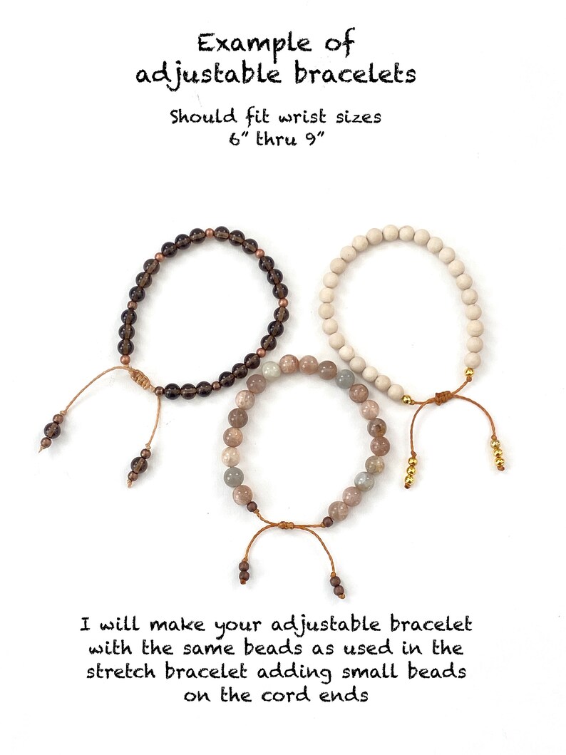 May include: Three adjustable bracelets with round beads in dark brown, cream, and multi-colored grey tones. Each features a brown cord with sliding knot closure and small accent beads at the ends. Text reads: Example of adjustable bracelets. Should fit wrist sizes 6" thru 9". I will make your adjustable bracelet with the same beads as used in the stretch bracelet adding small beads on the cord ends.