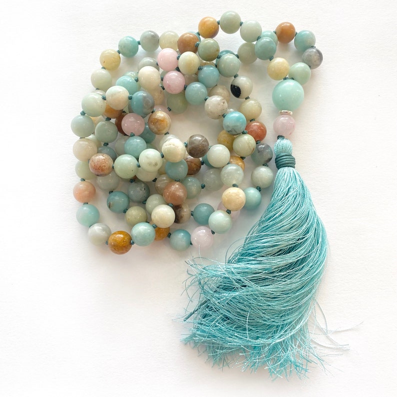 Mala For Calming Amazonite Mala Beads 108 Bead Mala Rose Quartz Amazonite Mala Yoga Meditation Beads Japa Mala Teal Silk Thread