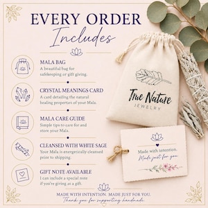 May include: A beige drawstring pouch with the True Nature Jewelry logo and a feather graphic, a white card with the text Made with intention. Made just for you., and a bundle of white sage. The image lists order inclusions with icons.