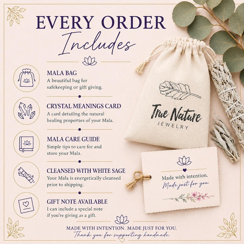 May include: A beige drawstring pouch with the True Nature Jewelry logo and a feather graphic, a white card with the text Made with intention. Made just for you., and a bundle of white sage. The image lists order inclusions with icons.