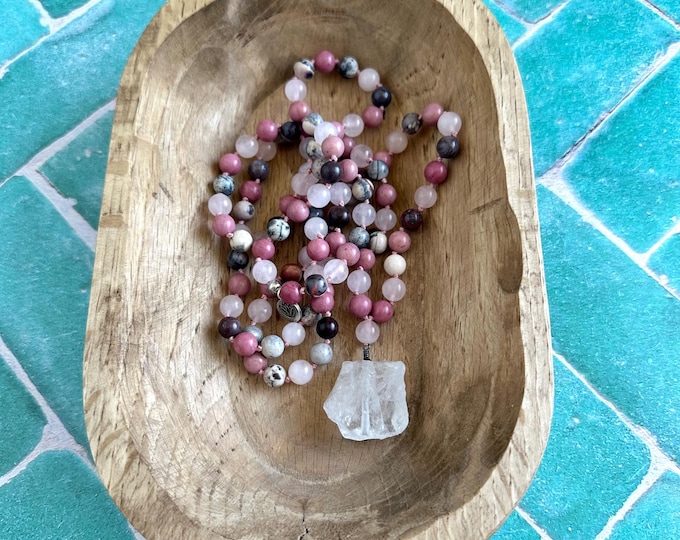 Positivity Mala Beads - Rhodonite & Jasper Meditation Necklace - Hand Knotted 108 Bead Mala - Clear Quartz Guru Bead - Unique Mala Necklace