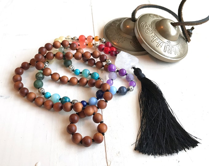 Balance The Chakras Mala Beads - Sandalwood Mala Necklace - Seven Chakra Colors - 108 Bead Mala - Wood & Stone Mala - Meditation Mala