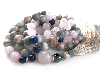 Joy Of Life Mala Beads - Lapis Lazuli - Jasper Mala Necklace - 108 Bead Mala - Rose Quartz - Silk Tassel - Hand Knotted - Natural Healing