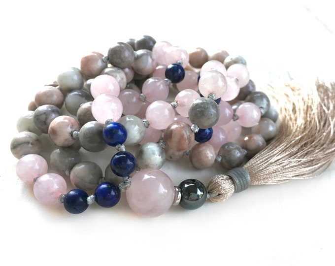 Joy Of Life Mala Beads - Lapis Lazuli - Jasper Mala Necklace - 108 Bead Mala - Rose Quartz - Silk Tassel - Hand Knotted - Natural Healing