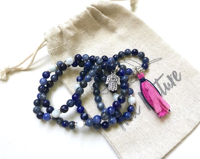 Self Acceptance Mala - Sodalite Mala Necklace - Wrist  Wrap Mala - Aquamarine - 108 Bead Mala On Stretch Cord - Sari Silk Tassel Mala