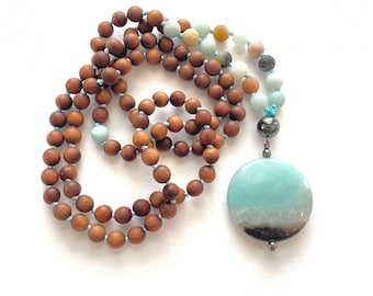Positive Vibrations Mala - Sandalwood Mala Beads - Amazonite - Hematite Mala Necklace - Mala Beads 108 - Japa Mala - Mala For Meditation