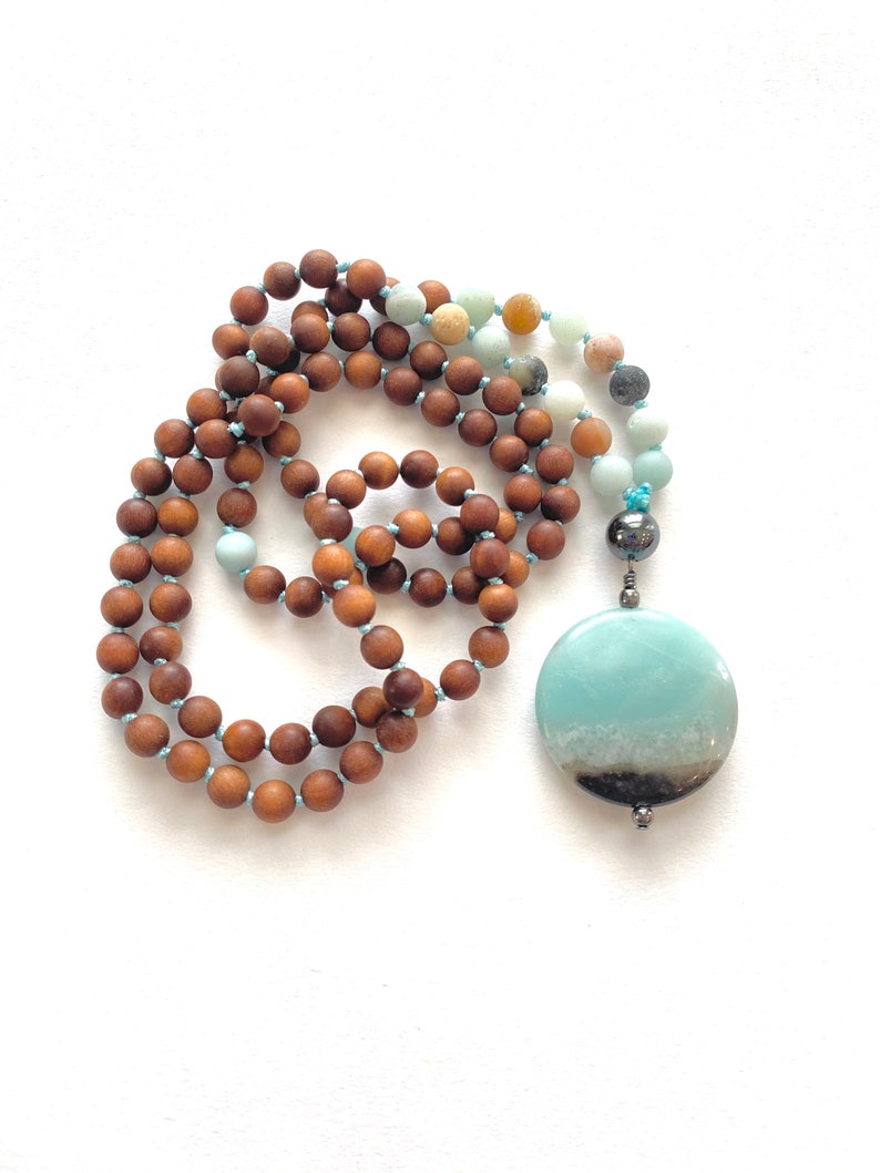 Positive Vibrations Mala Sandalwood Mala Beads Amazonite Hematite Mala Necklace Mala Beads 108 Japa Mala Mala For Meditation image 2