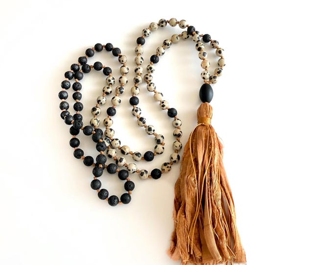 Emotional Release Mala -  Black Lava, Dalmatian Jasper, Black Onyx Beads - 108 Beads - Unisex Mala Necklace -  Earthy Grounding Mala Beads