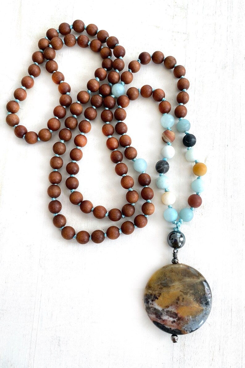 Positive Vibrations Mala Sandalwood Mala Beads Amazonite Hematite Mala Necklace Mala Beads 108 Japa Mala Mala For Meditation image 1