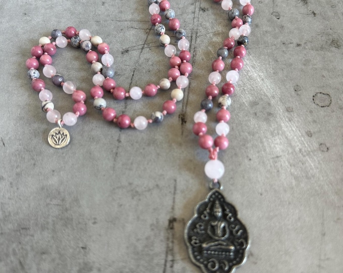 Unconditional Love Mala Beads - Rhodonite Mala - Buddha Amulet Mala Necklace - Rose Quartz - Porcelain Jasper - Hand Knotted - 108 Bead Mala