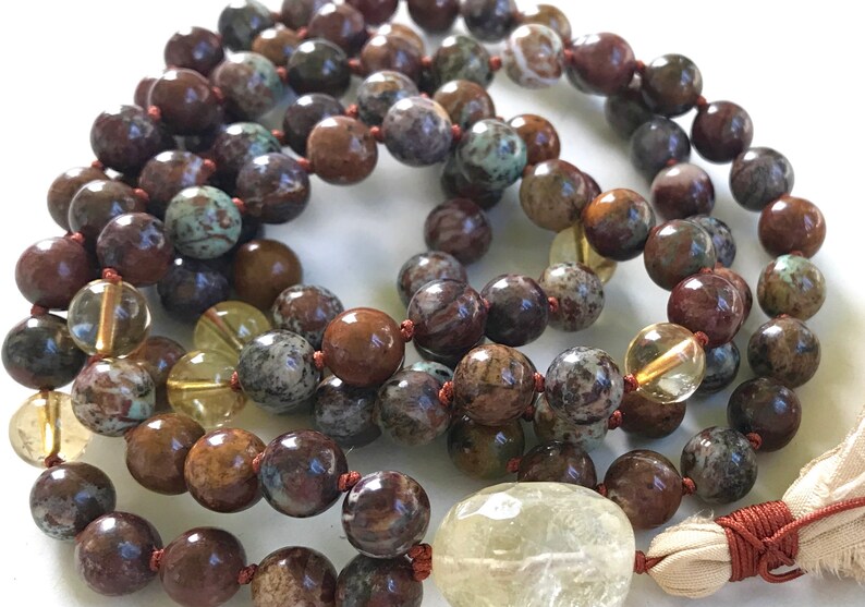 108 Bead Mala With Sari Silk Tassel AFRICAN OPAL MALA Citrine Mala Bead Necklace Unique Mala Beads Japa Mala Necklace