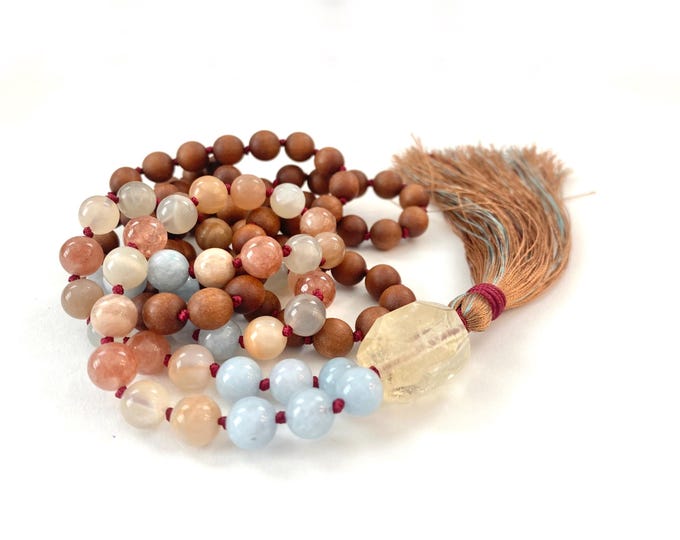 Moon Sun and Water Mala Beads - Hand Knotted - Mala Necklace - l08 Bead  Mala - Aquamarine - Sunstone - Moonstone - Citrine - Sandalwood