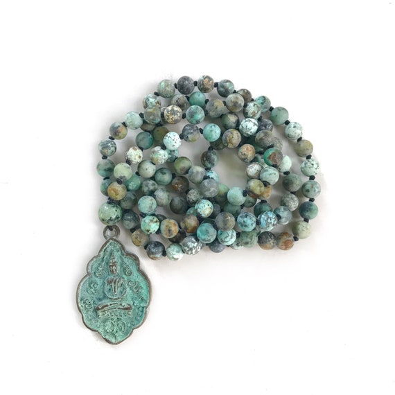 Positive Change Mala - African Turquoise Mala Beads - Buddha Pendant Mala Necklace - 108 Beads Mala - Third Eye Chakra Mala - Hand Knotted