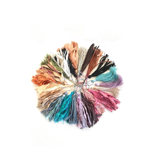 Handmade Sari Silk Tassel: Tassels For Mala Beads - Tassel With Clasp - Tassel With Jump Ring - Craft Tassels - You Choose Connection Type