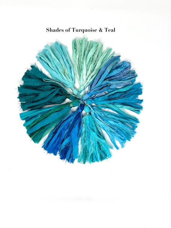 Turquoise  & Teal Sari Silk Tassels - Upcycled Sari Fabric Tassel - Boho Style Tassels - Handmade Tassel For Mala Beads