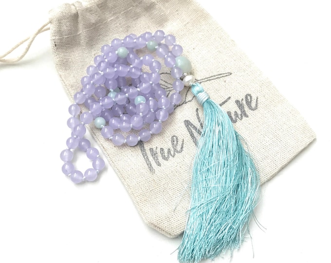 Purple Jade Mala Beads - Hope and Happiness Mala Necklace - Amazonite Guru Bead  - 108 Bead Mala - Knotted Between Each Bead
