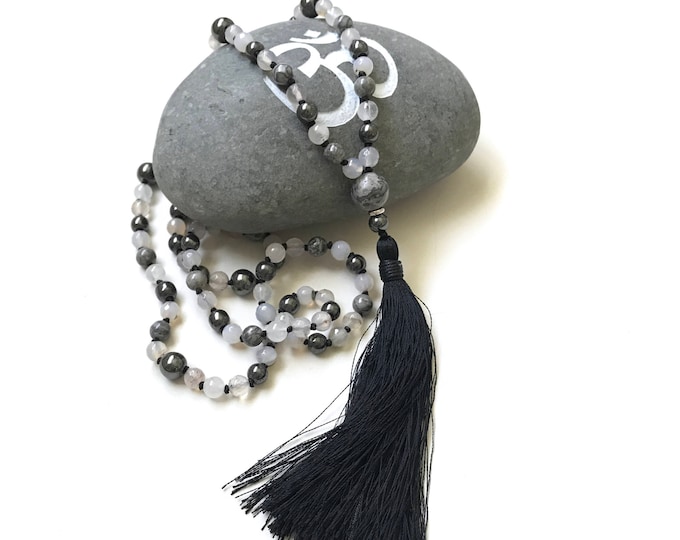Mala For Clarity, 108 Beads, Jasper, Hematite and Jade, Silk Tassel