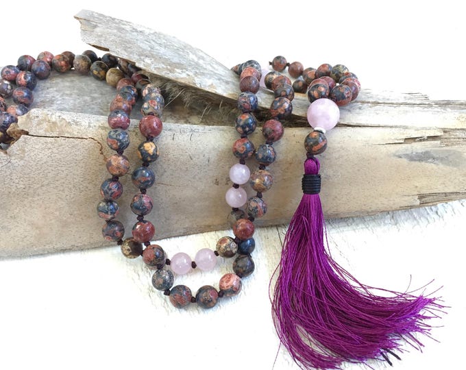 Mala for Vitality, Leaopardskin Jasper 108 Beads, Silk Tassel Meditation Mala
