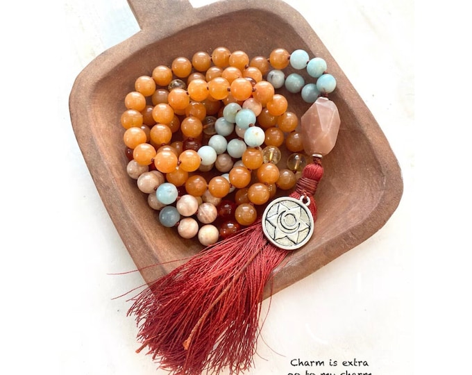 Mala For Insecurities - Peach Aventurine Mala Beads - Aquamarine Carnelian Sunstone Citrine Mala Necklace - 108 Bead Mala - Meditation Beads
