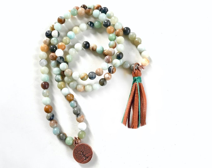 Self-Esteem Mala - Amazonite Stretch Mala - Leather Tassel - Mala Bead Wrap Bracelet - Wrap Mala - 108 Bead Mala
