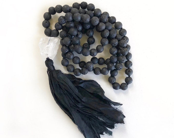 Black Lava Mala Necklace: Root Chakra Meditation Beads with Leather Tassel