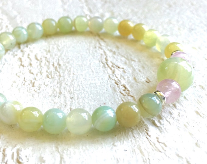 Light Green Agate and Rose Quartz Bracelet, Natural Stone Bracelet, Mala Inspired Jewelry, Casual Natural Bracelet, Yoga Bracelet