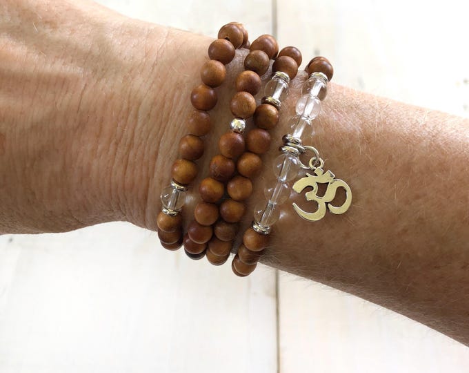 Sandalwood Wrist Wrap Mala Beads - Clear Quartz - OM Mala Necklace - Stretch Mala - 108 Bead Mala Necklace - Grounding Mala Beads