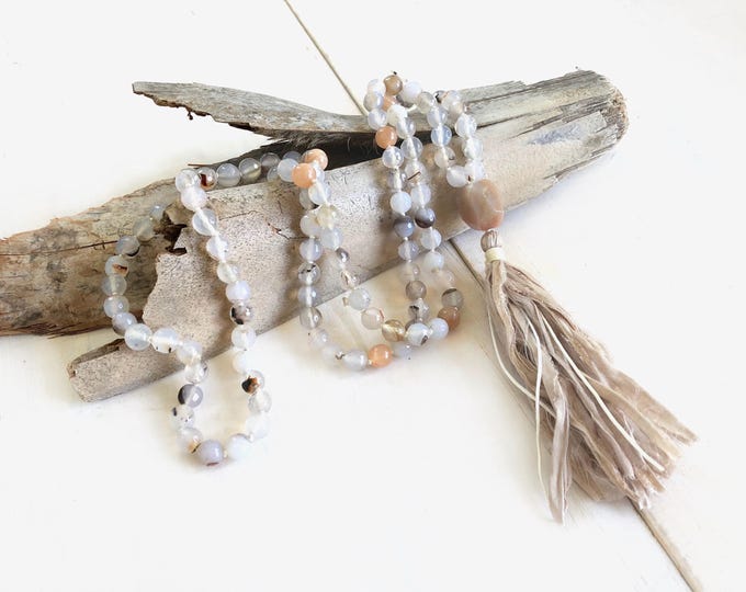 Nurture Yourself Mala Beads - Sunstone Mala Necklace - Agate Stones - Mala With Sari Silk Tassel - Knotted Mala - Mala Beads 108