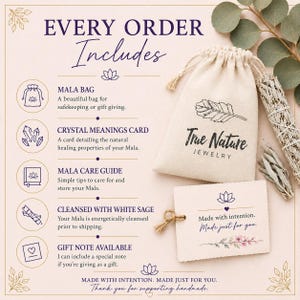 May include: A beige drawstring pouch with the True Nature Jewelry logo and a feather graphic, a white card with the text Made with intention. Made just for you., and a bundle of white sage. The image lists order inclusions with icons.