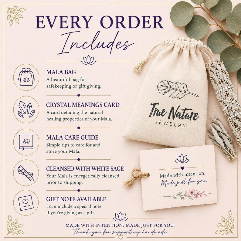 May include: A beige drawstring pouch with the True Nature Jewelry logo and a feather graphic, a white card with the text Made with intention. Made just for you., and a bundle of white sage. The image lists order inclusions with icons.