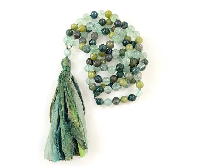 Heart Chakra Mala Necklace - 108 Beads - Hand Knotted - Sari Silk Tassel