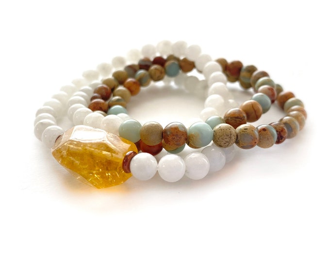 Intuition Wrist Mala - 108 Bead Stretch Mala - African Opal & Moonstone - Citrine Guru Bead - Chakra Healing - Wrist Wrap Mala