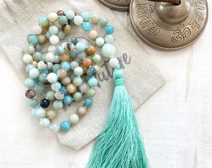 Calming Mala Beads - Amazonite and Rose Quartz Mala Necklace - 108 Bead Mala - Hand Knotted - Mala For Meditation Practice - Yogi Gifts