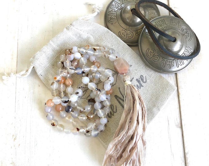 Nurture Yourself Mala Beads - Sunstone Mala Necklace - Agate Stones - Mala With Sari Silk Tassel - Knotted Mala - Mala Beads 108