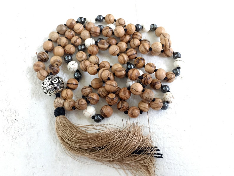 Silk Tassel Mala Natural Wood Mala Beads Knotted Mala Beads Wood 108 Bead Mala Bohemian Necklace Tassel Mala Necklace