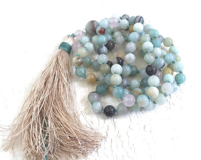 Calming Mala Beads - Amazonite and Rose Quartz Mala Necklace - 108 Bead Mala - Mala For Meditation - Sari Silk Tassel Mala - Yoga Gift Idea