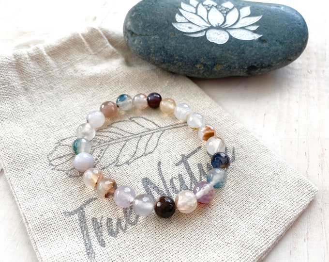 AGATE - Wind Shadow Agate - Stacking Bracelet - Power Stone - Improve Concentration - Natural Healing - Stretch Bracelet - Yoga Gifts