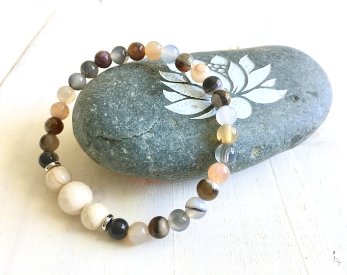 River Stone Mala Bracelet, Botswana Agate Stretch Bracelet, Yoga Style Bracelet, Match Your Mala Bead Bracelet, Yoga Jewelry