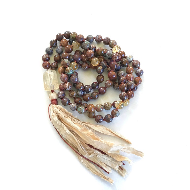 108 Bead Mala With Sari Silk Tassel AFRICAN OPAL MALA Citrine Mala Bead Necklace Unique Mala Beads Japa Mala Necklace