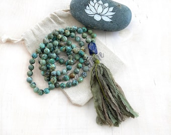 New Possibilities Mala, African Turquoise Mala Necklace - Lapis Lazuli Guru Bead - Sari Silk Tassel - Hand Knotted - 108 Mala Beads