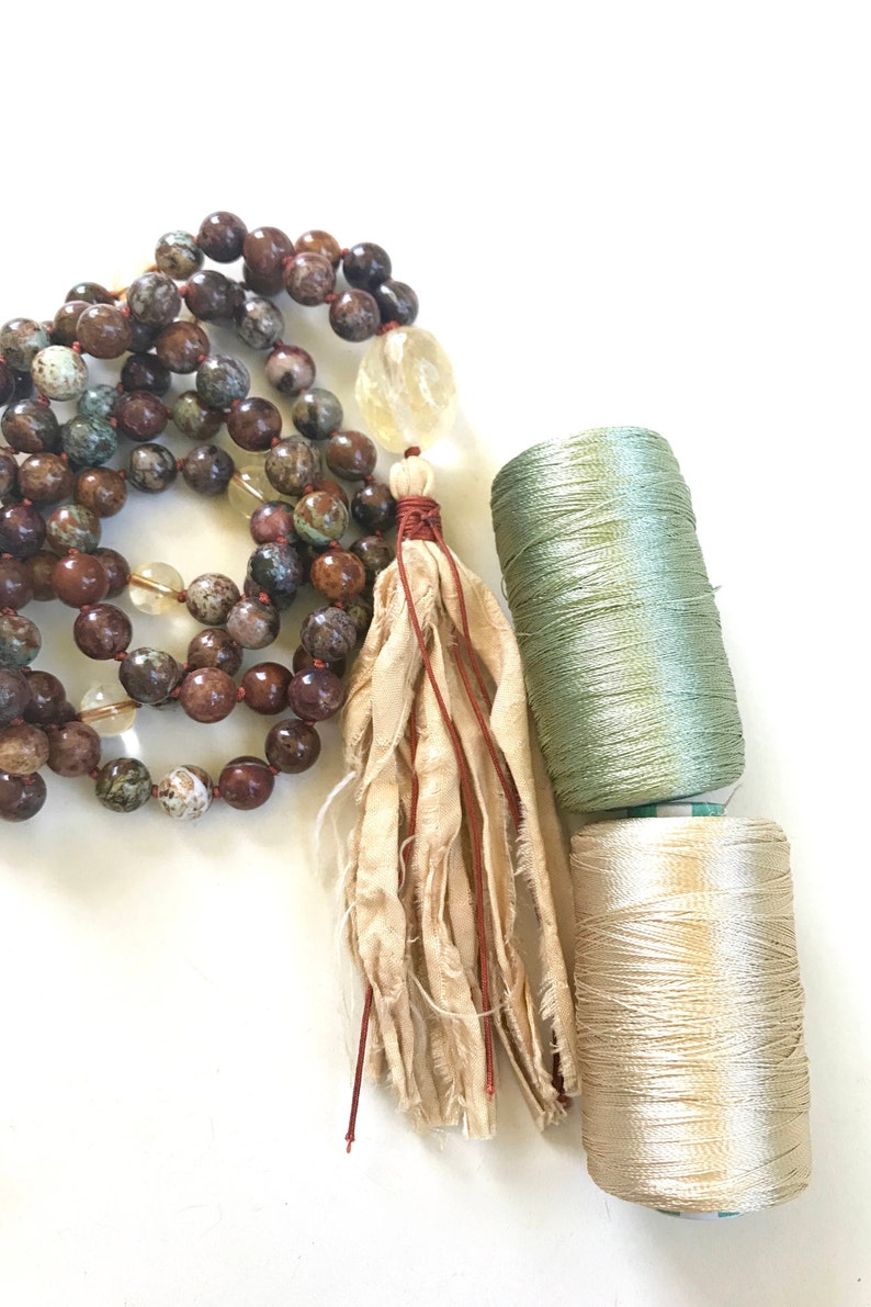 108 Bead Mala With Sari Silk Tassel AFRICAN OPAL MALA Citrine Mala Bead Necklace Unique Mala Beads Japa Mala Necklace
