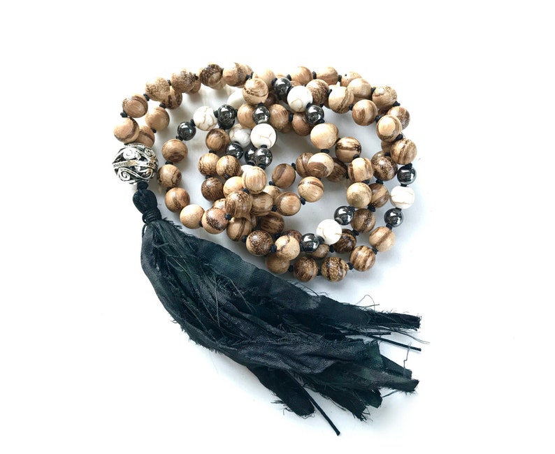 Silk Tassel Mala Natural Wood Mala Beads Knotted Mala Beads Wood 108 Bead Mala Bohemian Necklace Tassel Mala Necklace