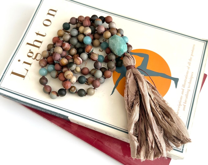 Mala Beads For Change - Landscape Jasper Mala necklace - Amazonite Guru Bead - 108 Bead Mala - Mantra Mala - Hand Knotted