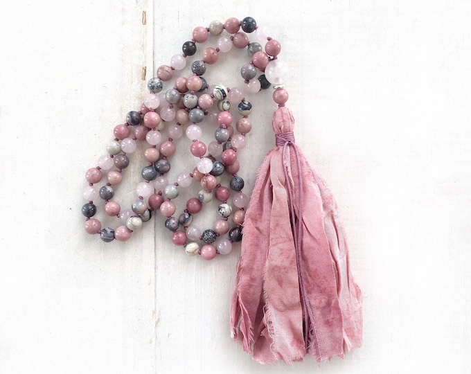 Rhodonite & Jasper Mala Necklace: Rose Quartz 108 Bead, Tassel Mala