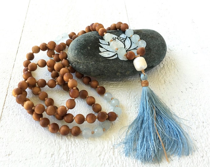 Pearl and Sandalwood Mala Beads, Pearl Knotted Mala, Light Blue Mala Beads, 108 Beaded Mala, Tassel Mala