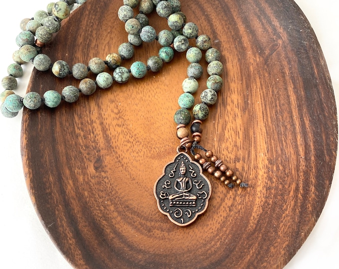 African Turquoise Mala Necklace - Removable Tassel Mala Beads - 108 Mala Beads - Seated Buddha Pendant - Knotted Between The Beads
