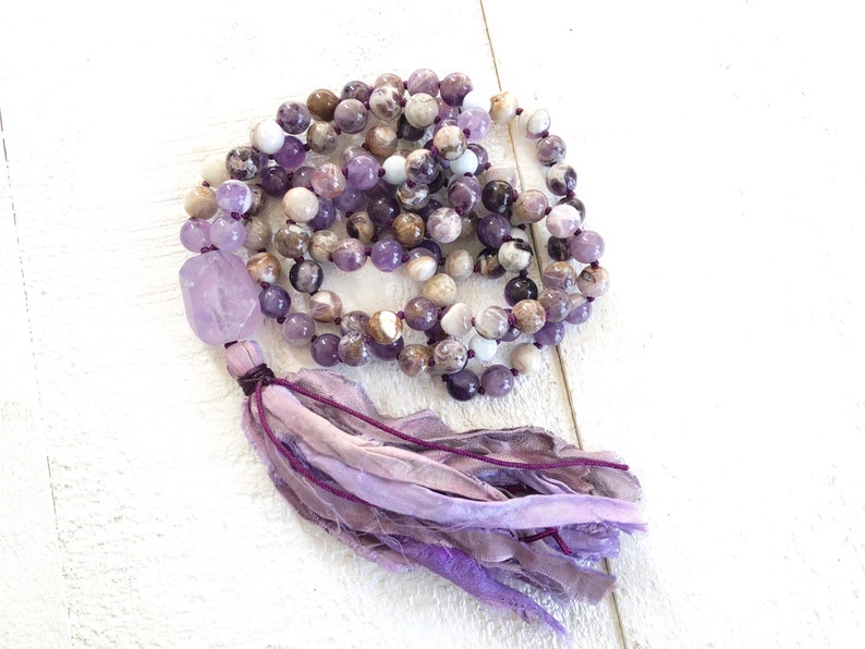 Calm The Mind Mala Beads - Flower Amethyst Mala Necklace - Hand Calm The Mind Mala Beads - Flower Amethyst Mala Necklace - Hand